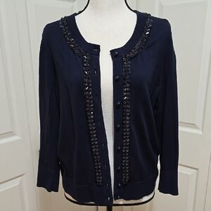 Kate Spade Navy Blue Cardigan with Embellished Trim Large